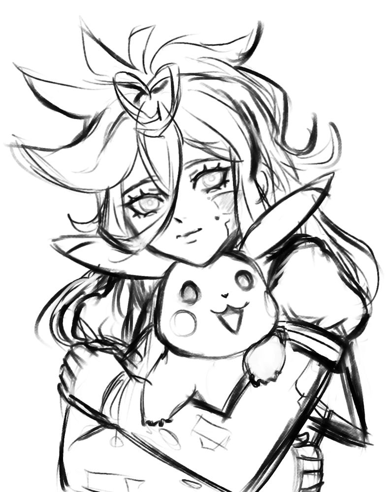 Drawing of Kohiato Kilobyte hugging pikachu. Rough sketch no color