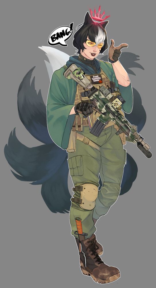 Digital illustration of a fox woman. She has 9 tails, and short black hair with a white streak. She has a crown shaped halo glowing above her fox ears, and is wearing a kimono over a plate carrier. She wields a customized SCAR rifle.