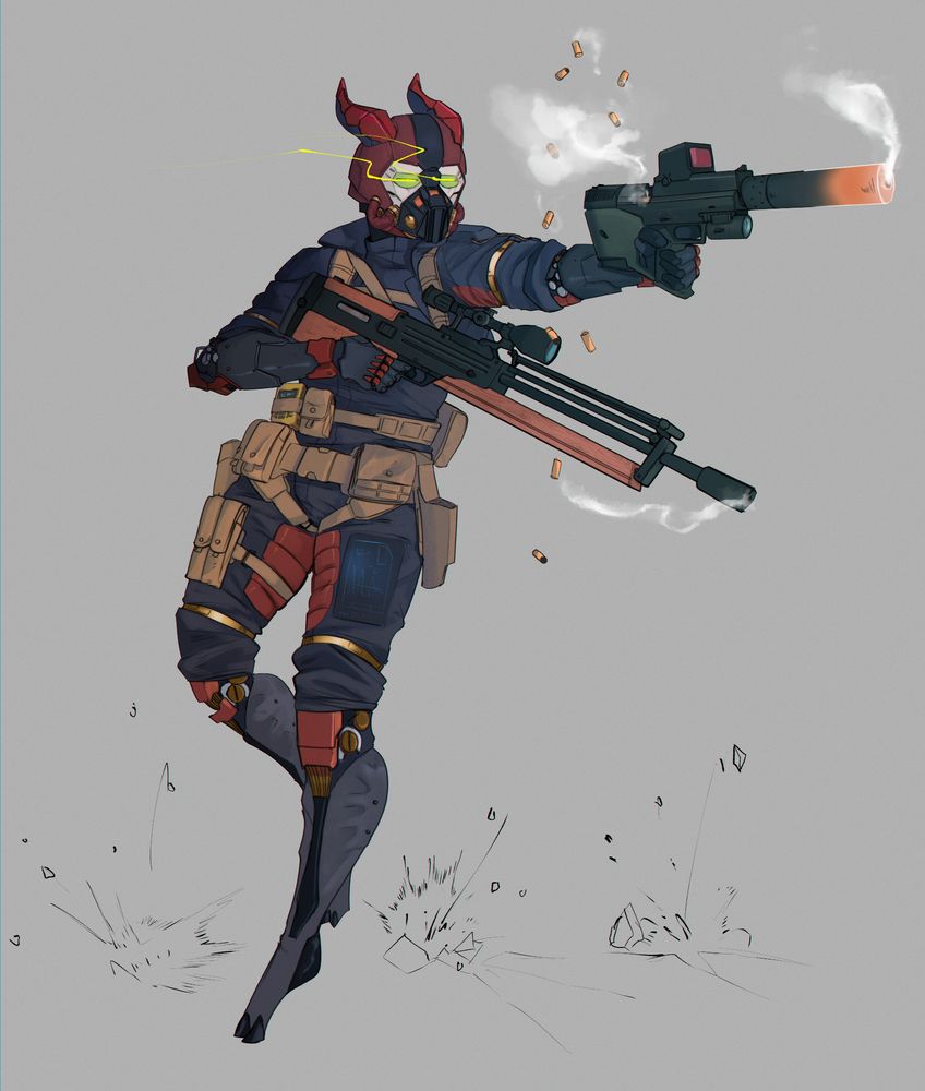 A sci-fi pilot wielding a pistol in one hand and holding a sniper rifle in the other, moving out of the way of incoming fire. They have a rebreather-helmet combo, and her horns are poking out of it. She has all cybernetic limbs in gray and red.