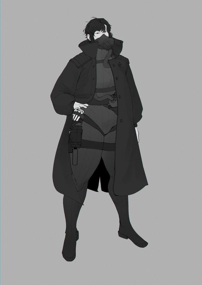 A woman wearing a quilted sneaking suit, harness, gas mask with a breathing tube, and a big coat. She has needle like daggers on her hips and a suppressed pistol.