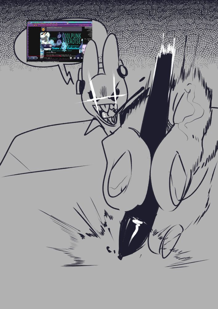 A caricature of an artist intensely smacking his pencil on his table as headphones play the sound of Hypnospace Outlaw - Story Explained (Part 1) by Flawed Peacock