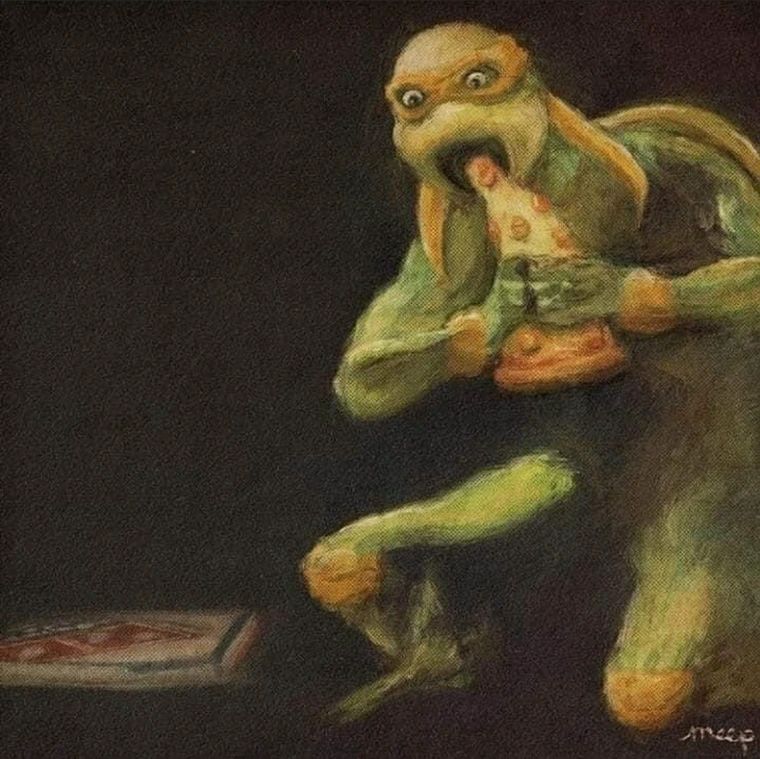 A ninja turtle tearing into a slice of pizza reminiscent of Saturn Devouring His Son by Goya