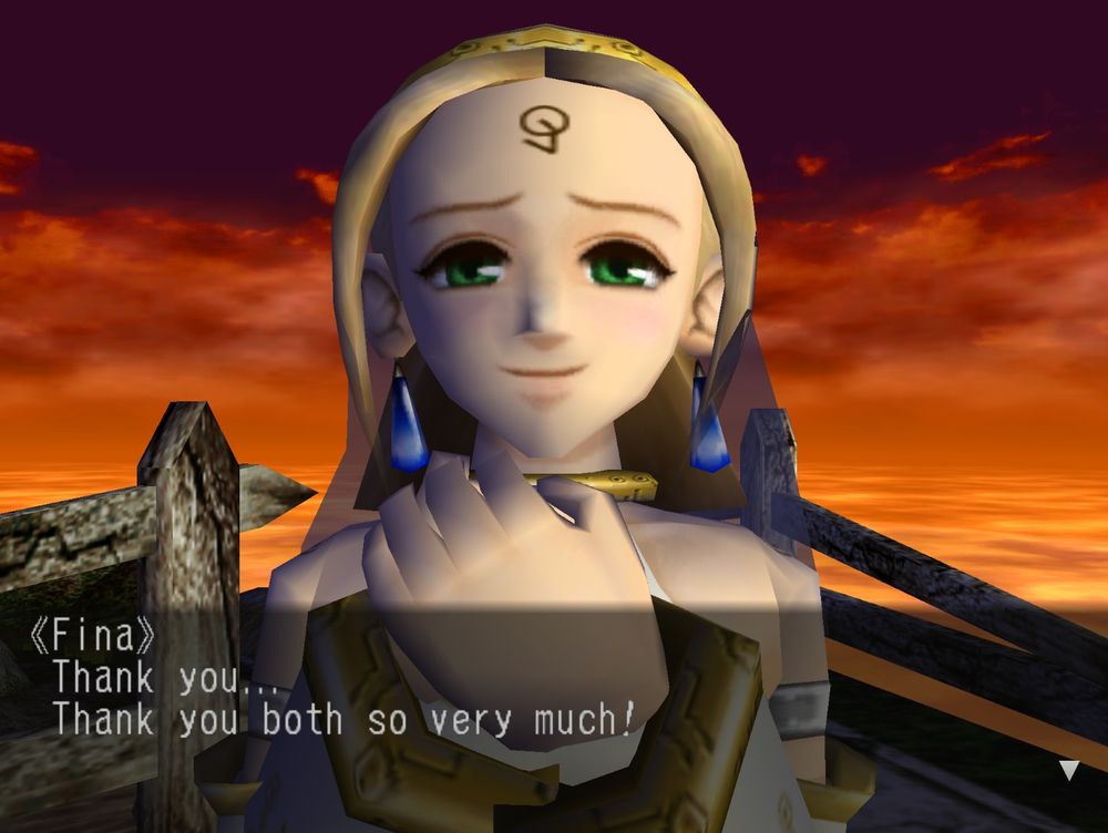 Fina from Skies of Arcadia.
A young woman with long blonde hair, green eyes and a symbol on her forehead. She's wearing a white priestessy dress with gold bracelets and a choker. She has her hands clasped together in a praising gesture.
Text says
Fina:
"Thank you... Thank you both so very much!" 
