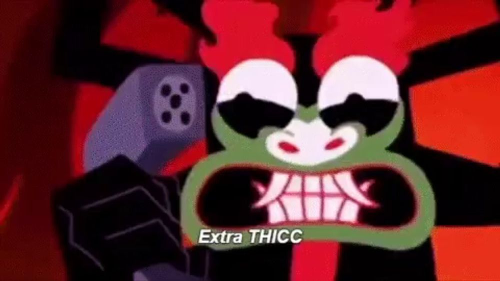 a cartoon character from samurai jack is holding a gun in his hand and says `` extra thicc '' .