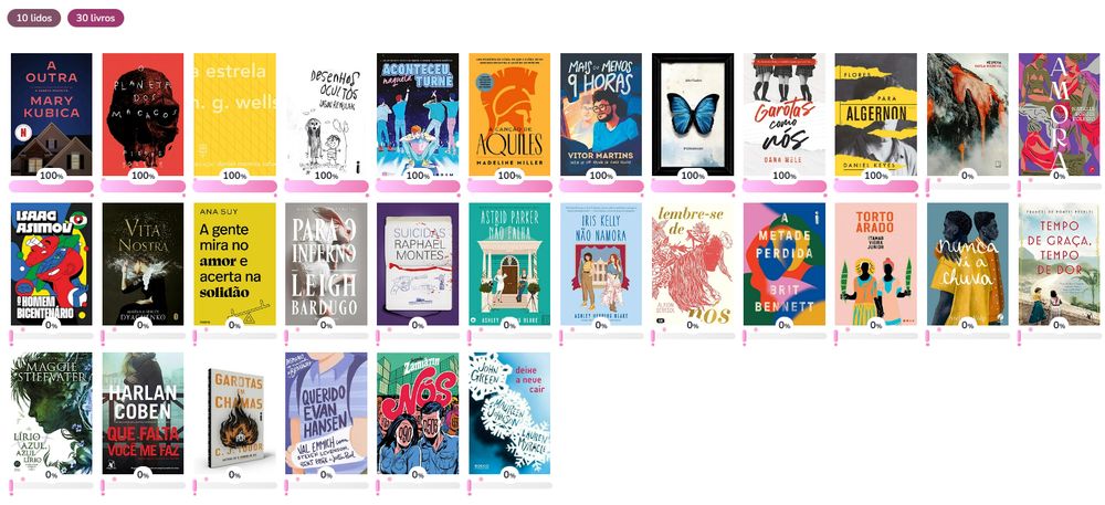 a outra - mary kubica
o planeta dos macacos - pierre boule
a estrela - hg wells
desenhos ocultos - jason rekulak
aconteceu naquela turnê - adib khorram
a canção de aquiles - madeline miller
mais ou menos 9 horas - vitor martins
o colecionador - john fowles
garotas como nós - dana mele
flores para algernon - daniel keyes
véspera - carla madeira
amora - natalia borges polesso
o homem bicentenário - isaac asimov
vita nostra - dyachenko
a gente mira no amor e acerta na solidão - ana suy
para o inferno - leigh bardugo
suicidas - raphael montes
astrid parker não falha - ashley blake
iris kelly não namora - ashley blake
lembre-se de nós - alyson derrick
a metade perdida - britt bennett
torto arado - itamar vieira junior
nunca vi a chuva - stefano volpi
tempo de graça, tempo de dor - frances de pontes peebles
lírio azul, azul lírio - maggie stiefvater
que falta você me faz - harlan coben
garotas em chamas - cj tudor
querido evan hensen - val emmich
nós - zamiátin
deixei a neve cair - john green, maureen jhonson, lauren myracle