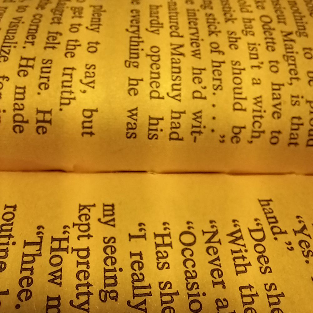 From the inside of the Simenon book No Vacation for Maigret. The important point is the middle showing that the cheap paperback was not glued but sewn. 