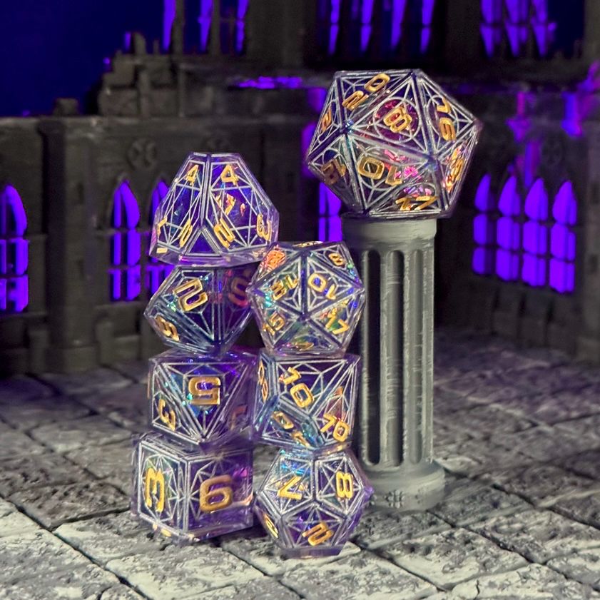 Umbral Cathedral—deep and mysterious, with a rich purple inner core, complimented by a silver lattice and lustrous gold numbers. 