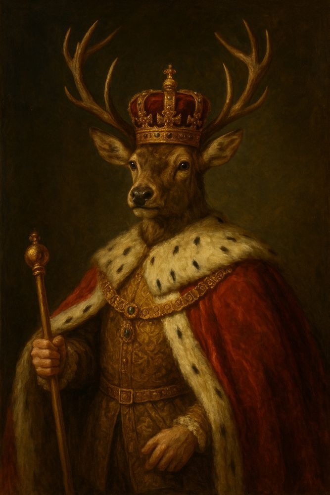 Bild im Stil eines Ölgemäldes. Ein Hirsch im Aufzug eines Königs mit rotem Mantel mit Pelz-Saum und königlichem Zepter in der menschlichen Hand