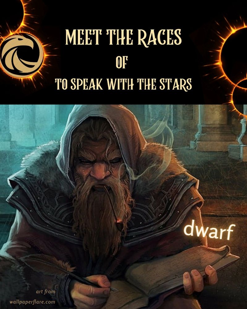 A dwarf wearing a hood and armour and smoking a pipe pores over a history book. The text reads, Meet the Races of To Speak With the Stars. Dwarf.