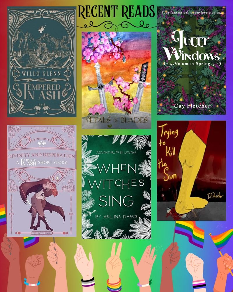 Slide 3:
⚔️ Tempered in Ash - Willo Glenn
🥀 Petals and Blades Anthology - Xaneria Ann, Colby Beattley, A.P. Sessler, Katie Leonard, and Russell Hemmell
🍀 Queer Windows: Volume 1 Spring - Cay Fletcher 
💘 Divinity and Desperation: A Tempered in Ash Short Story - Willow Glenn
✨️ When Witches Sing - Aelina Isaacs (Noah Hawthorne) 
🦸‍♂️ Trying to Kíll the Sun - T.F. Author