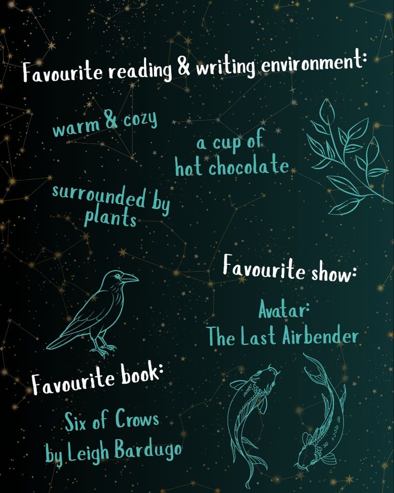Favourite reading and writing environment: warm and cozy; surrounded by plants; a cup of hot chocolate. Favourite book: Six of Crows by Leigh Bardugo. Favourite show: Avatar: The Last Airbender. Images are of leaves, a crow, and two koi fish circling each other.