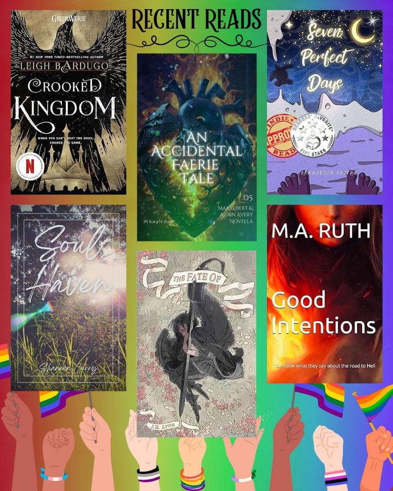 Slide 2:
🪶 Crooked Kingdom - Leigh Bardugo
🌟 An Accidental Fairie Tale - Kara M. Zone
🐚 Seven Perfect Days - Francesca Vespa
🌿 Soul Haven - Shannon Curry
🗡 The Fate Of - J.E. Lynn
🔥 Good Intentions - M.A. Ruth