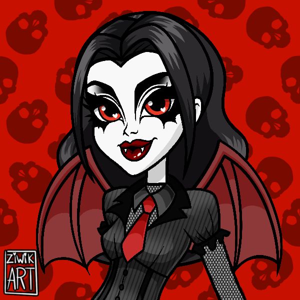 A Picrew depiction of a femme version of Whisper, in front of a red background with skulls on it. She has pale skin, red eyes, black eyeliner, fangs, long black hair, & bat wings. She’s wearing a black suit-jacket & red tie over a black fishnet top.