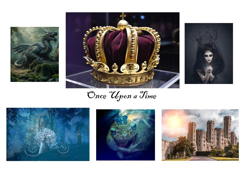 Top row: Blue Green Dragon on mossy rocks. Gold and burgundy velvet crown. Young witch wearing spooky black crown.
Middle: The words - Once upon a time
Bottom row: A pumpkin carriage with young woman, castle in the background. A frog wearing a crown. A turreted castle