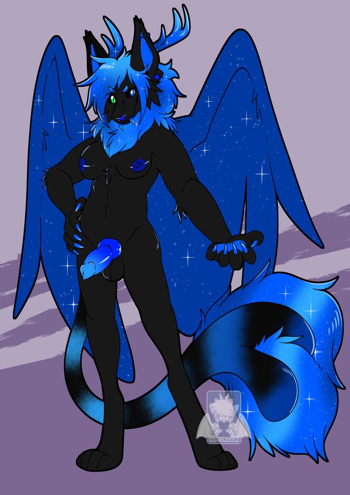 a powerful looking anthro feline, poses proudly. they are fully black with blue accents (mane, wings, antlers and bits) their dick is hard and they smirk at the viewer.