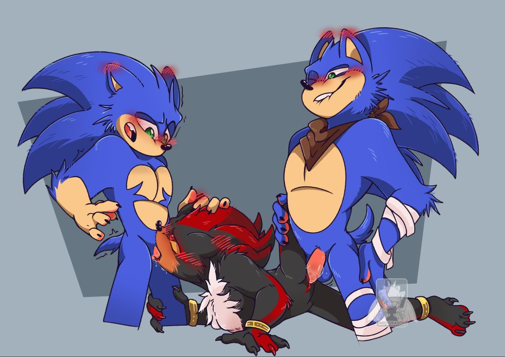 sonic and shadow, from sonic the hedgehog smut fanart. there's 2 Sonic - a prime sonic, transmasc, and a boom sonic, cisguy. they are both fucking Shadow. in this version shadow has a pussy.