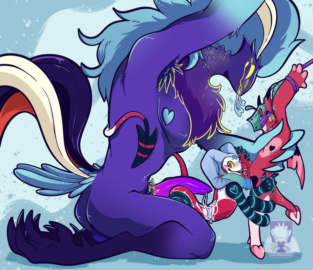 An erotic helluva boss fanart. It features ozzie, fizzarolli and an impsona/oc. The Oc is on the right, arms tied up, their legs over Fizz, who's kneeing down in front of them, tongue around their tentacle-dick. Behind Fizz, there's Ozzie; his dick oozing on fizz's back, while it rests between fizz's ass cheeks.