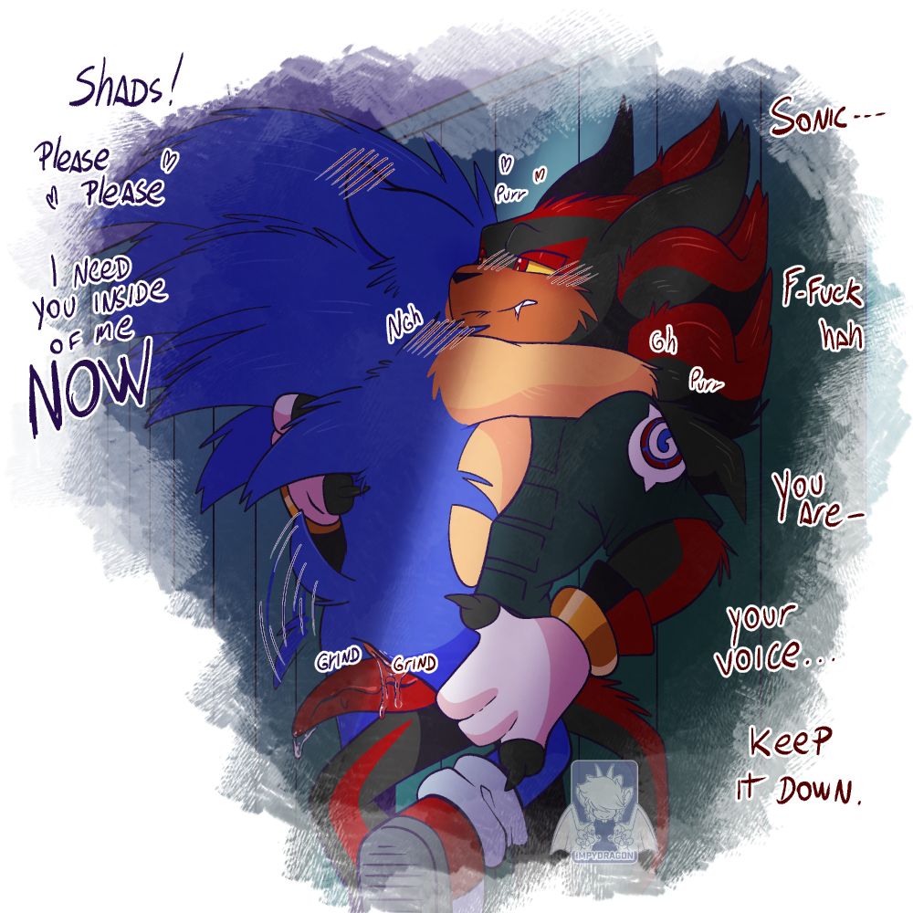 smut art of sonic and shadow, from sonic the hedgehog. Sonic hugs shadow, burring his face on shadow's neck while grinding his hips against his boyfriend hardening dick. shadow is wearing a GUN uniform while hugging sonic back, holding his body against his own.
sonic texts says: Shads! please, please, i need you inside of me NOW!!
shadow texts says: sonic-- fuck, you are- your voice...keep it down.