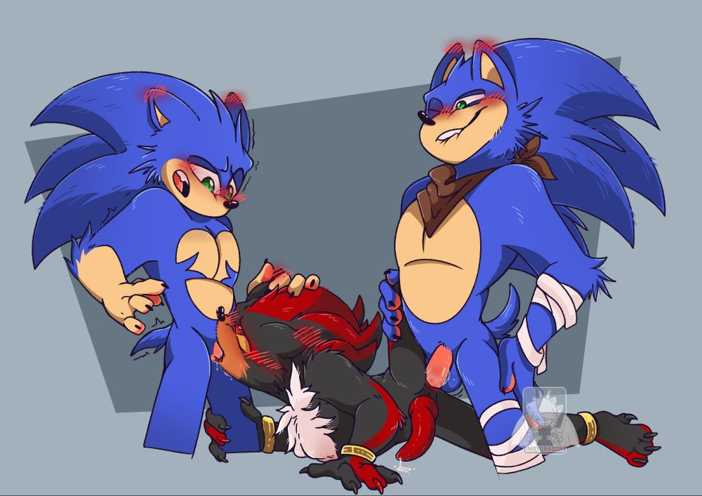 sonic and shadow, from sonic the hedgehog smut fanart. there's 2 Sonic - a prime sonic, transmasc, and a boom sonic, cisguy. they are both fucking Shadow. in this version shadow has a dick and knot.