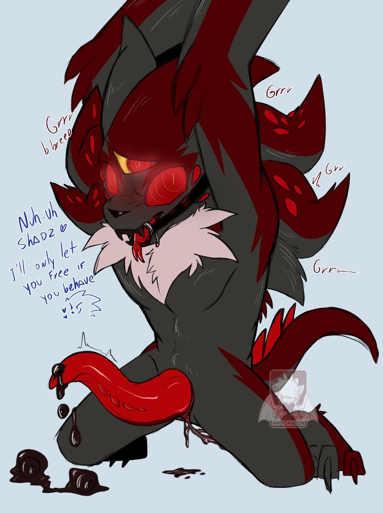 shadow, from sonic the hedgehog, on a form that resemble the black arms, has his arms tied up, on his knees and gagged. his dick is hard oozing a few eggs, his pussy wet.
the text reads:
shadow: grrr....breed...
sonic: nuh-uh, shadz. i'll only let you free if you behave.