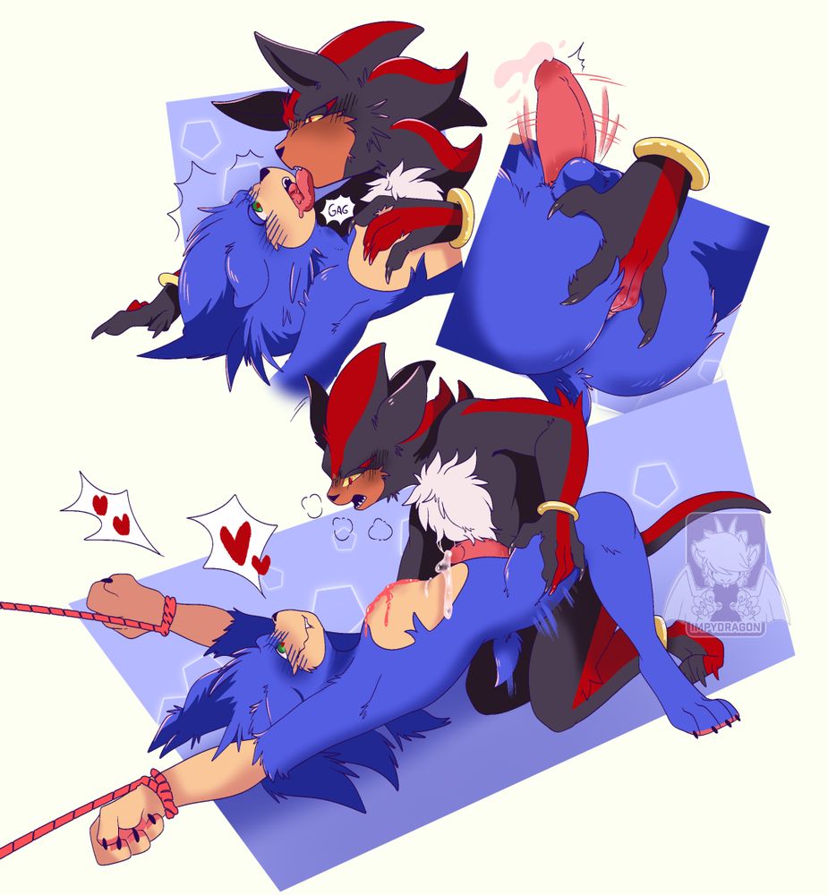 a compilation of smut art featuring sonic and shadow from sonic the hedgehog. A deep kiss, shadow fingering sonic's ass and shadow topping sonic.