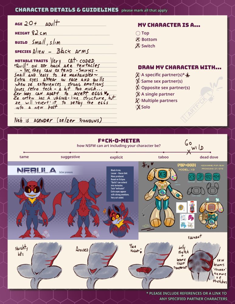 more information about the character, including zer genitals.