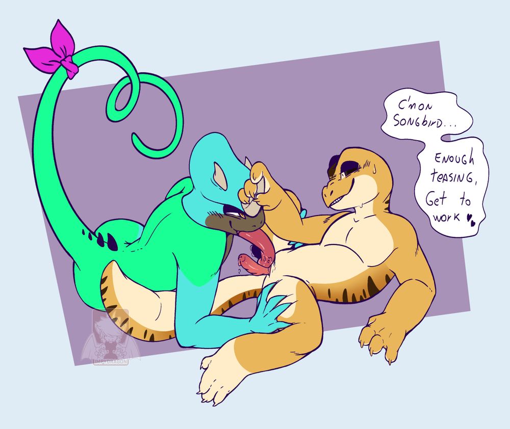 two lizards anthro, a chameleon and a leopard gecko. the gecko holds on the chameleon horn, pulling him closer, while the chameleon works his tongue deep into the gecko slit.
the gecko says: c'mon songbird...enough teasing, get to work <3