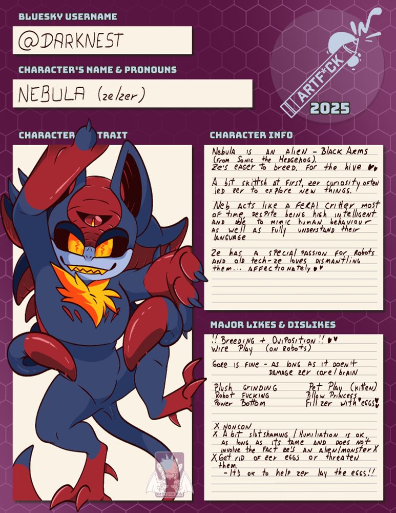 character bio for ARTFUCK, it features an hedgehog looking alien.
Ze's a black arms OC, based on Sonic the Hedgehog franchise.