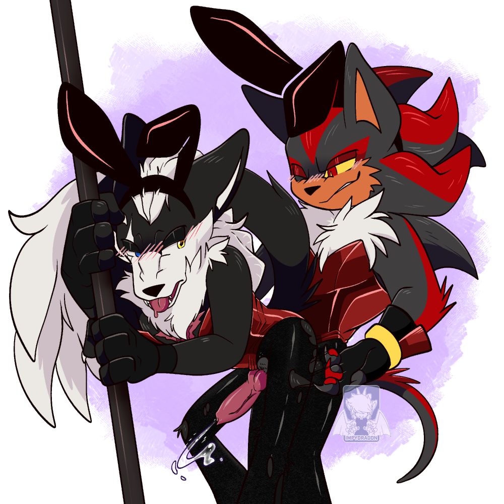 smut fanart of infinite and shadow, from sonic the hedgehog. both are in bunny suits. shadow fucking infinite from behind, tearing his leggings while he thrusts his hips into the jackal.