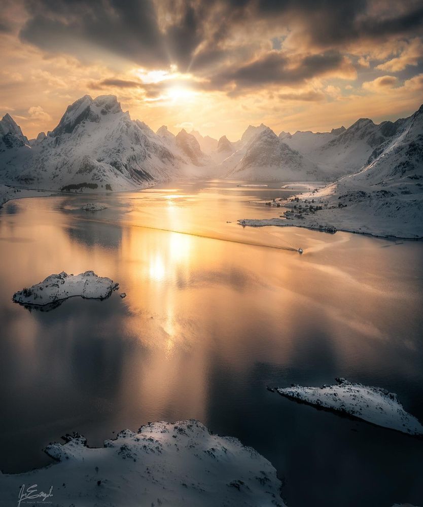 Beautiful golden scene in Lofoten Norway 