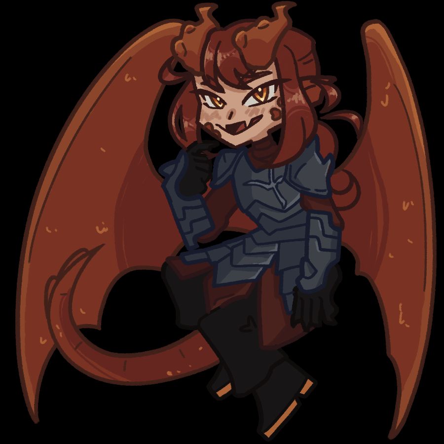 a chibi drawing of an original character named Nyvren. She is part dragon with bronze wings, horns, tail, and partial scales. 
