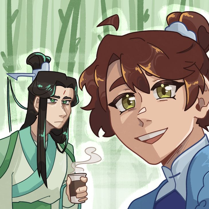 A drawn "selfie" of Shang Qinghua and Shen Qingqiu. Shang Qingua grins into the camera as he takes the selfie. Shen Qingqiu stands in the background, staring off into space with dark circles under his eyes. He holds a modern coffee cup in his left hand.
