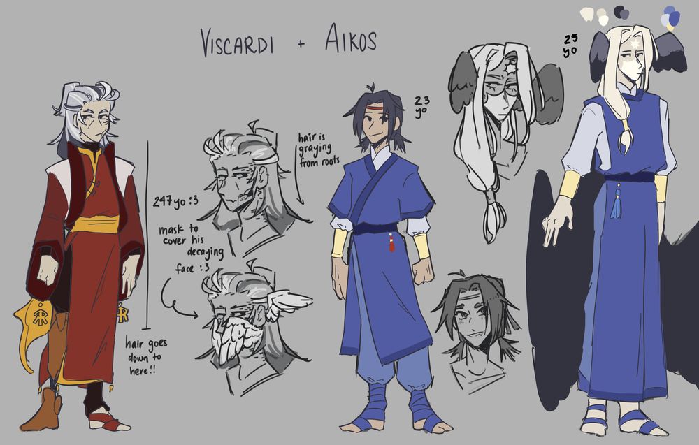 A semi-colored sketch page of three full-body character designs. On the far left is a man with graying hair wearing a red, white, and yellow hanfu ensemble. His right leg is a fantasy prosthetic. Two close ups of his face reveal his left cheek has rotted away, and he typically covers it with a wing-shaped mask. In the center is a younger version of the man wearing a blue, simpler ensemble. His hair is black and much shorter, in two ponytails. To the far right is a much taller man wearing a similar blue hanfu. He has long white hair, and two sets of gray wings. He has a star-shaped mark on his forehead as well as covering the bottom half of his face.