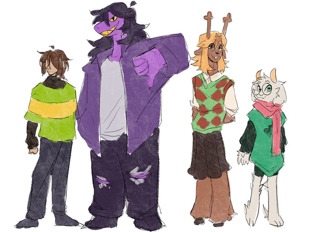 A colored sketch of Kris, Susie, Noelle, and Ralsei from Deltarune. They all stand looking at the viewer in their Light World outfit, except for Ralsei who is in his dark world outfit.
