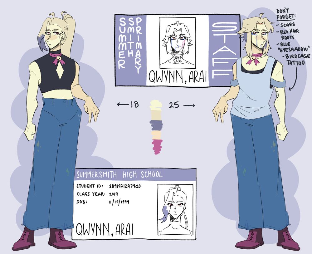 A reference image of Arai Qywnn. Two full body images depict him at different parts of his life, 18 and 25 years old. He stands languidly in both. Behind the figures are two fake ID cards for both eras of his life, first high school and then working as a teacher. 