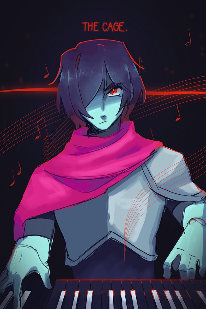An illustration of Kris Dreemur looking at the viewer with a blank expression. They play an inverted piano. The words "The Cage" hover above them in red. Red music notes float around them.