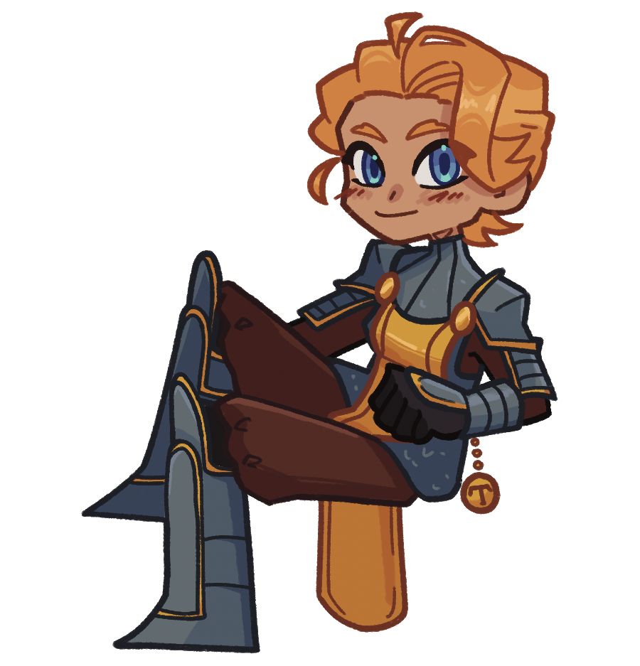 A chibi design of a blonde human woman with silver and gold armor, smiling softly. 