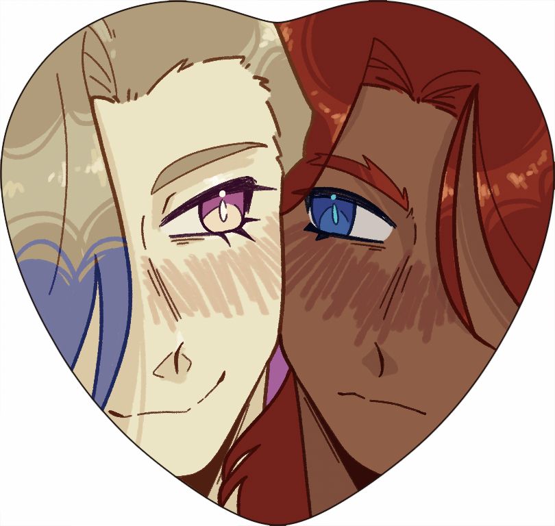 A heart button of two OCs pressing their cheeks together. 