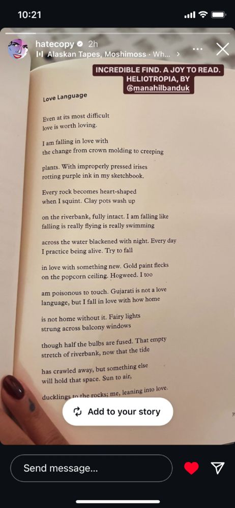 Screenshot of an Instagram post by Hatecopy of a poem from Heliotropia 