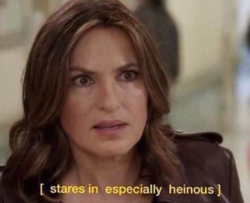 Olivia Benson from Law & Order: SVU looks on in shock and disbelief. Caption: "stares in especially heinous"