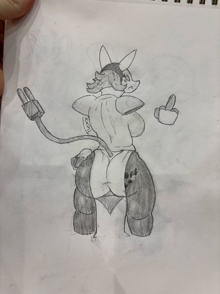 Traditional art of tasque manager from deltarune flipping off the viewer for looking at her badonks