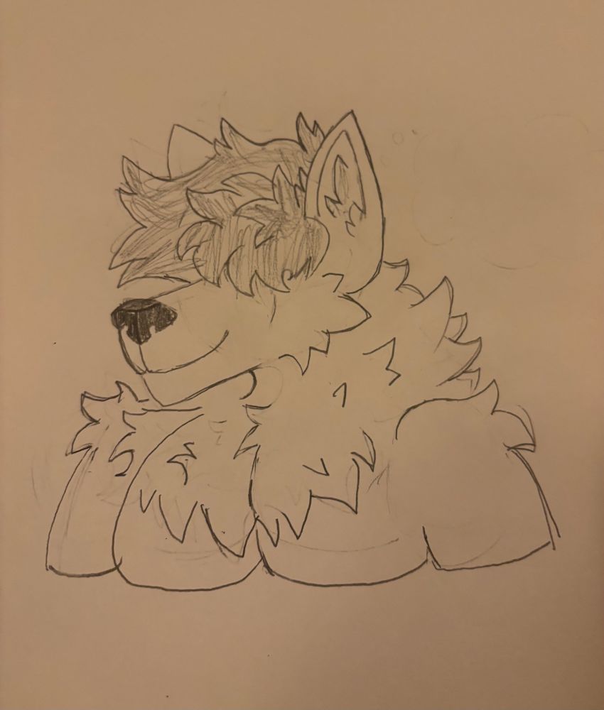 A pencil drawing of my fursona, Flexx, smiling stupidly