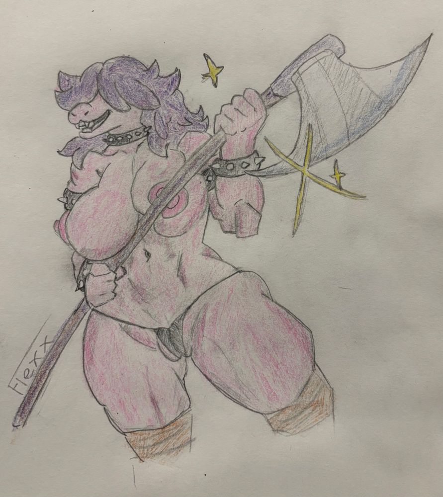 Susie from deltarune drawn as a naked warrior