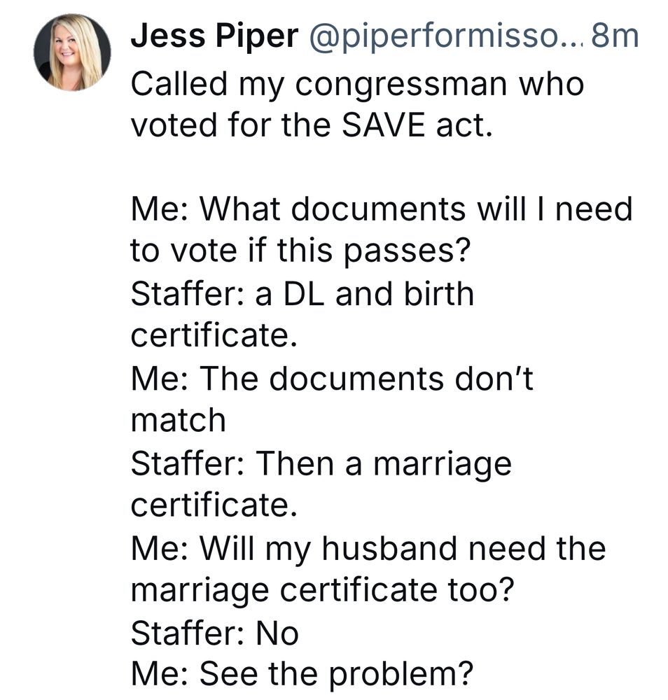 A Bluesky post from Jess Piper regarding documents needed to prove citizenship.