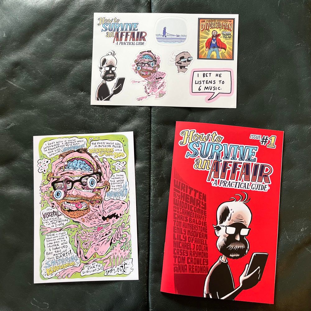 The unpacked parcel I received from writer Henry Widdicombe including a sticker pack, an art cart featuring stunning psychedelic art by Casey Raymond, and the comic itself, featuring a cover illustration by me, Tom Crowley.
