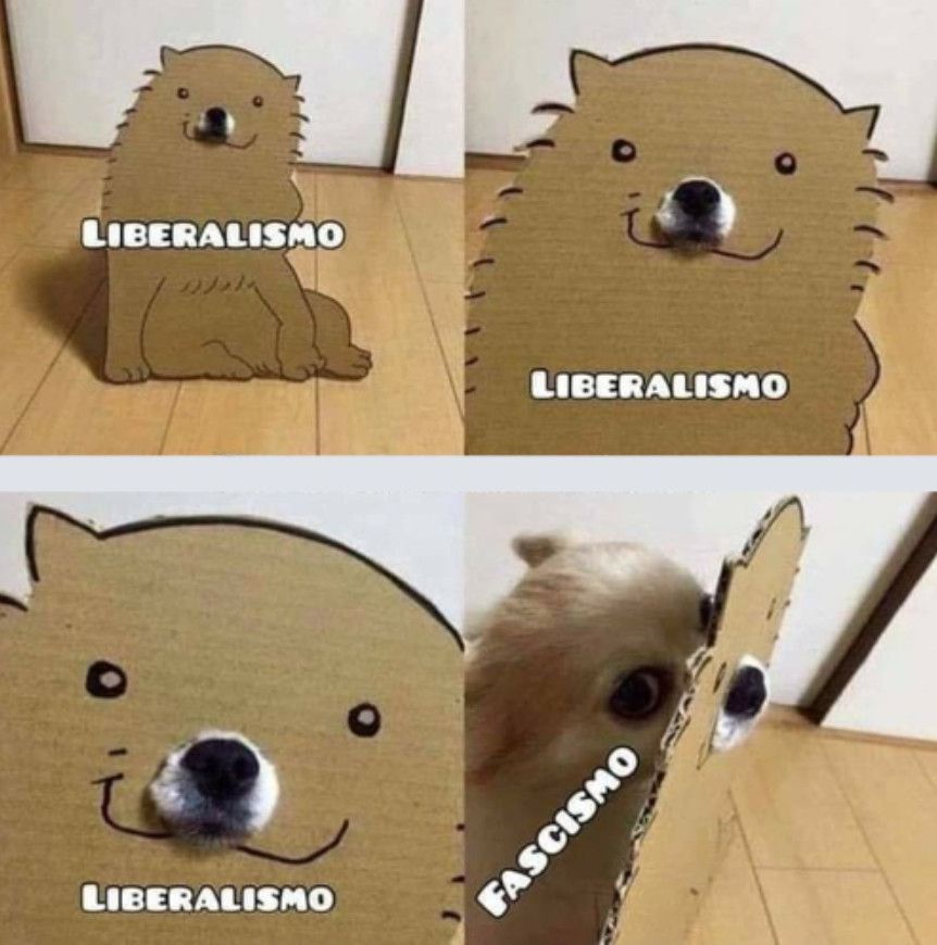 A cardboard cutout of a large cute dog labeled: “Liberalismo.” The nose is an actual dog nose, and the 4th panel shows a Chihuahua labeled “Fascismo” is behind the cutout
