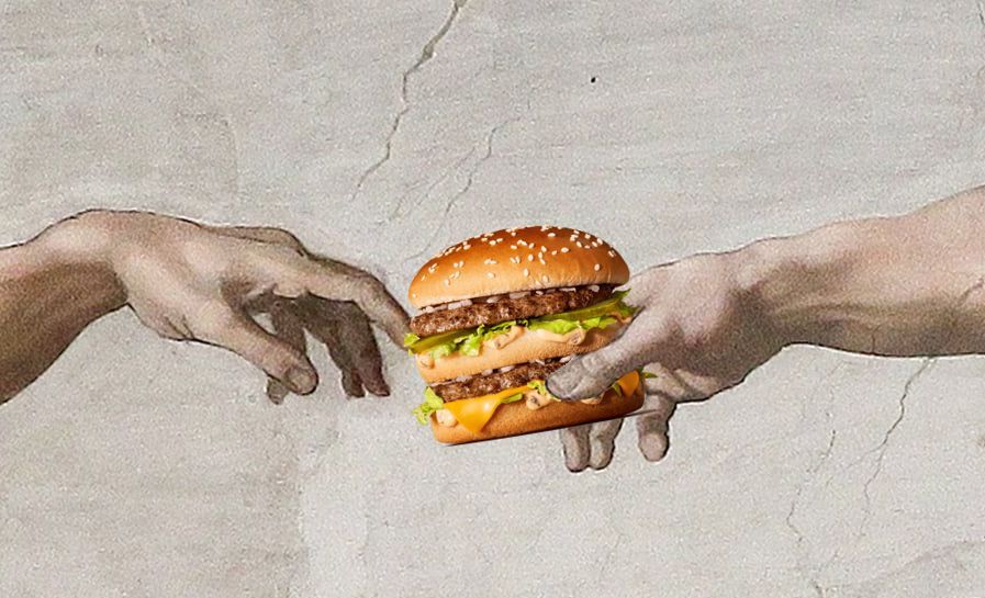 God giving the spark of life to Adam on the Sistine Chapel ceiling except He's handing over a Big Mac. Poorly composited.