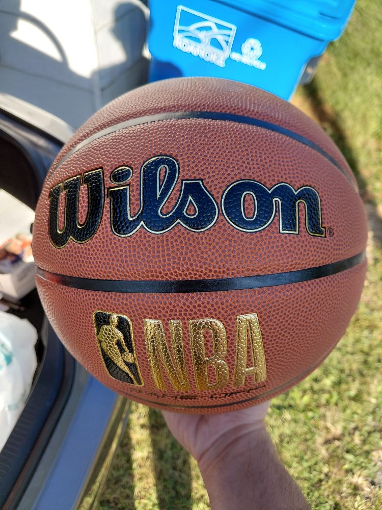 A brand new Wilson NBA basketball. I'm holding it in my hand, in front of a blue recycling bin. My shadow is visible on the shed next to it.