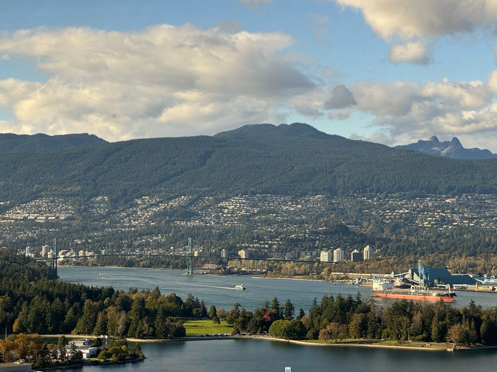 Vancouver, including Stanley Park, seen from the Vancouver Lookout tower. 