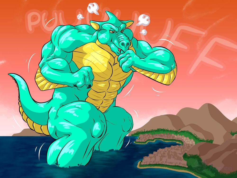 Gorgonzola, an alien Godzilla-like monster from Biker Mice from Mars, sticks his thumb into his mouth and puffs himself like a balloon into a Kaiju bigger than the entire city.